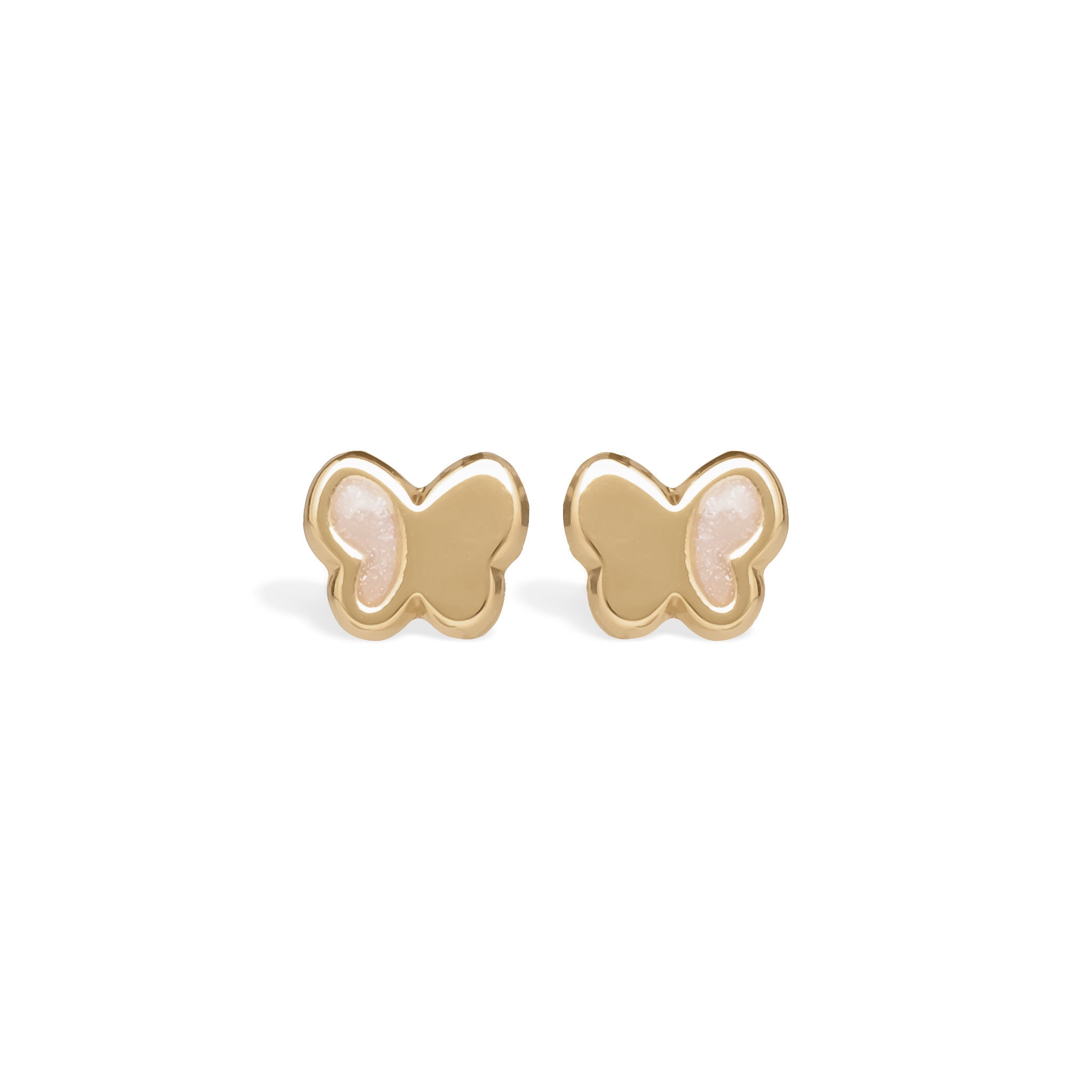 Blue Francis Butter Hudson Butterfly Studs in solid 14K gold with cream enamel wing accents, shown as a pair on white.