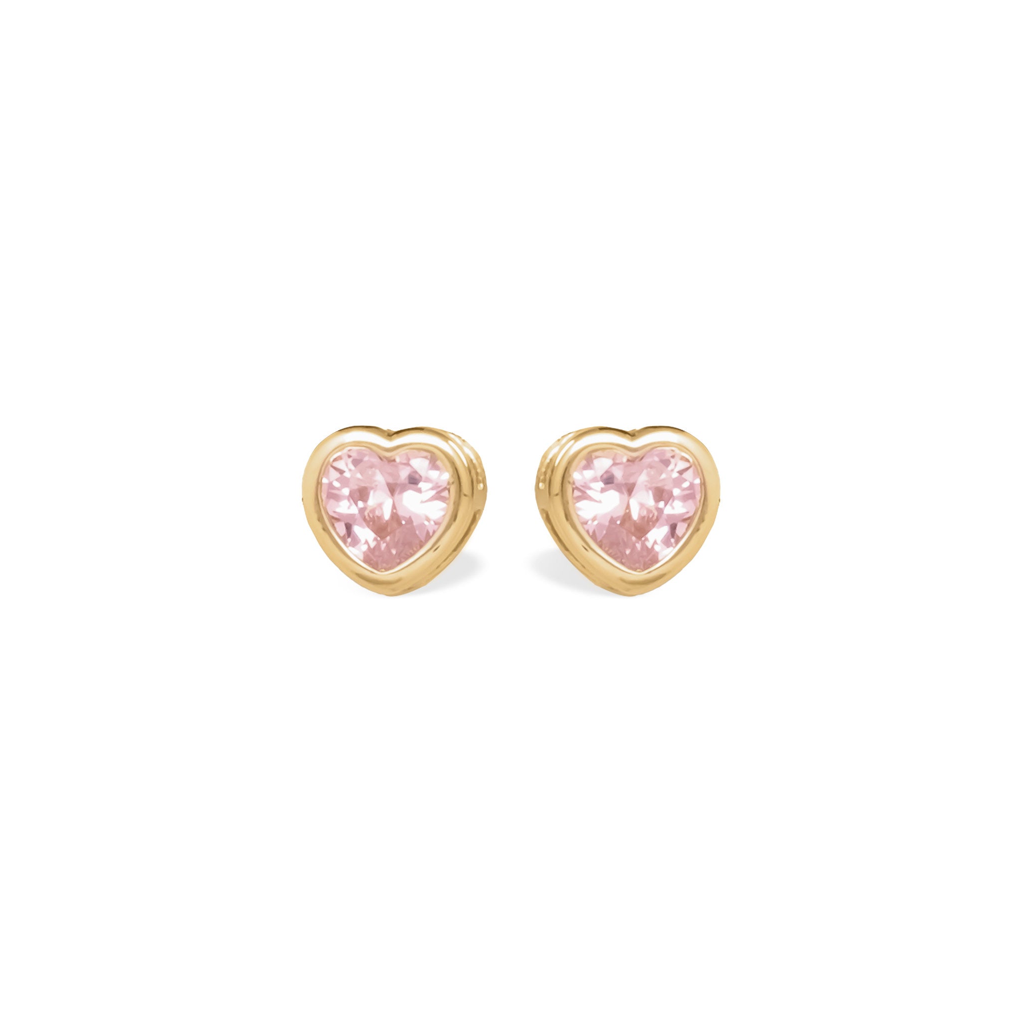 Blue Francis Rosi Twinkle Studs Pink, solid 14K gold heart stud earrings for girls with a bezel-set pink cubic zirconia