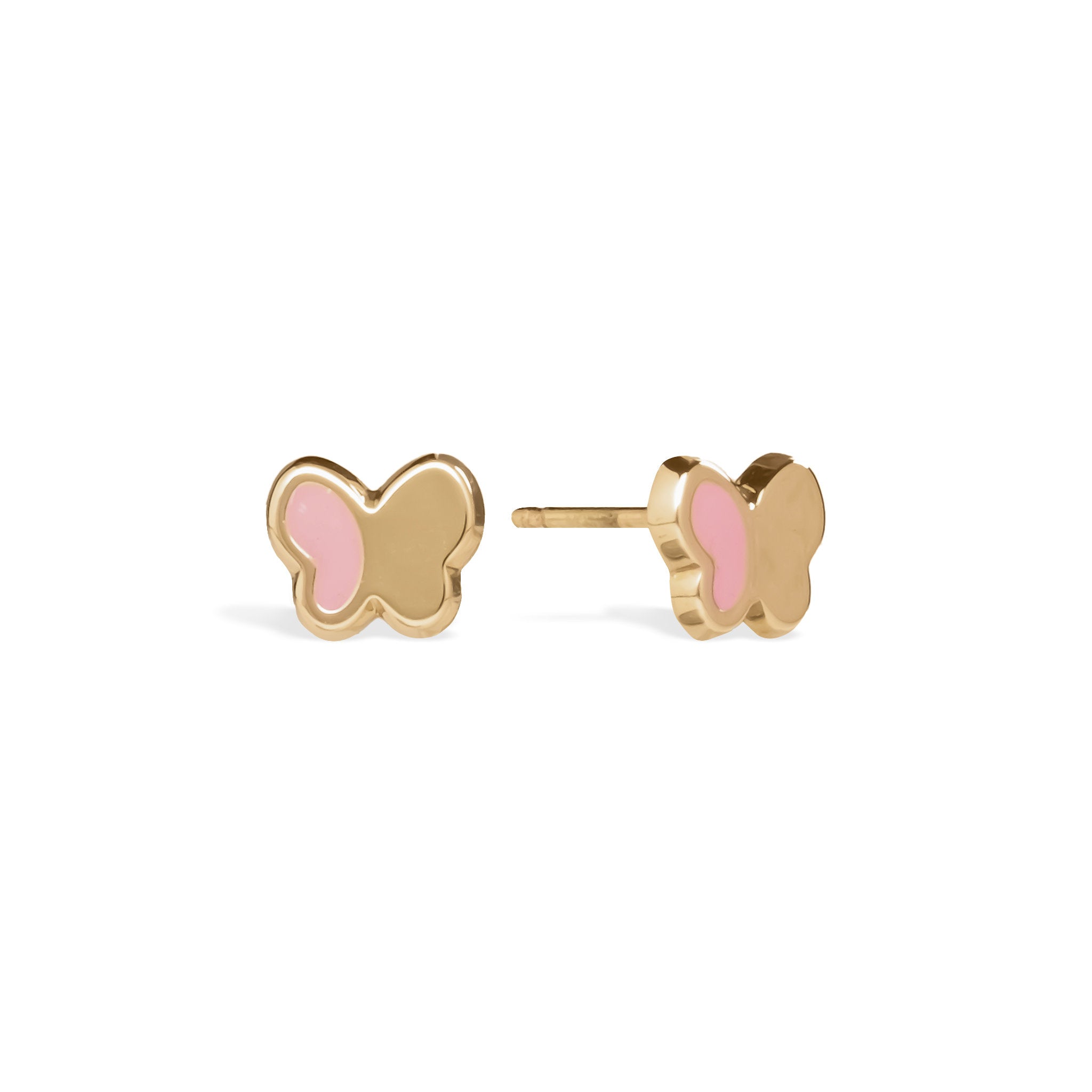 Blue Francis Pink Hudson Butterfly Studs in solid 14K gold with pink enamel wings, shown from front and side with a visible post.
