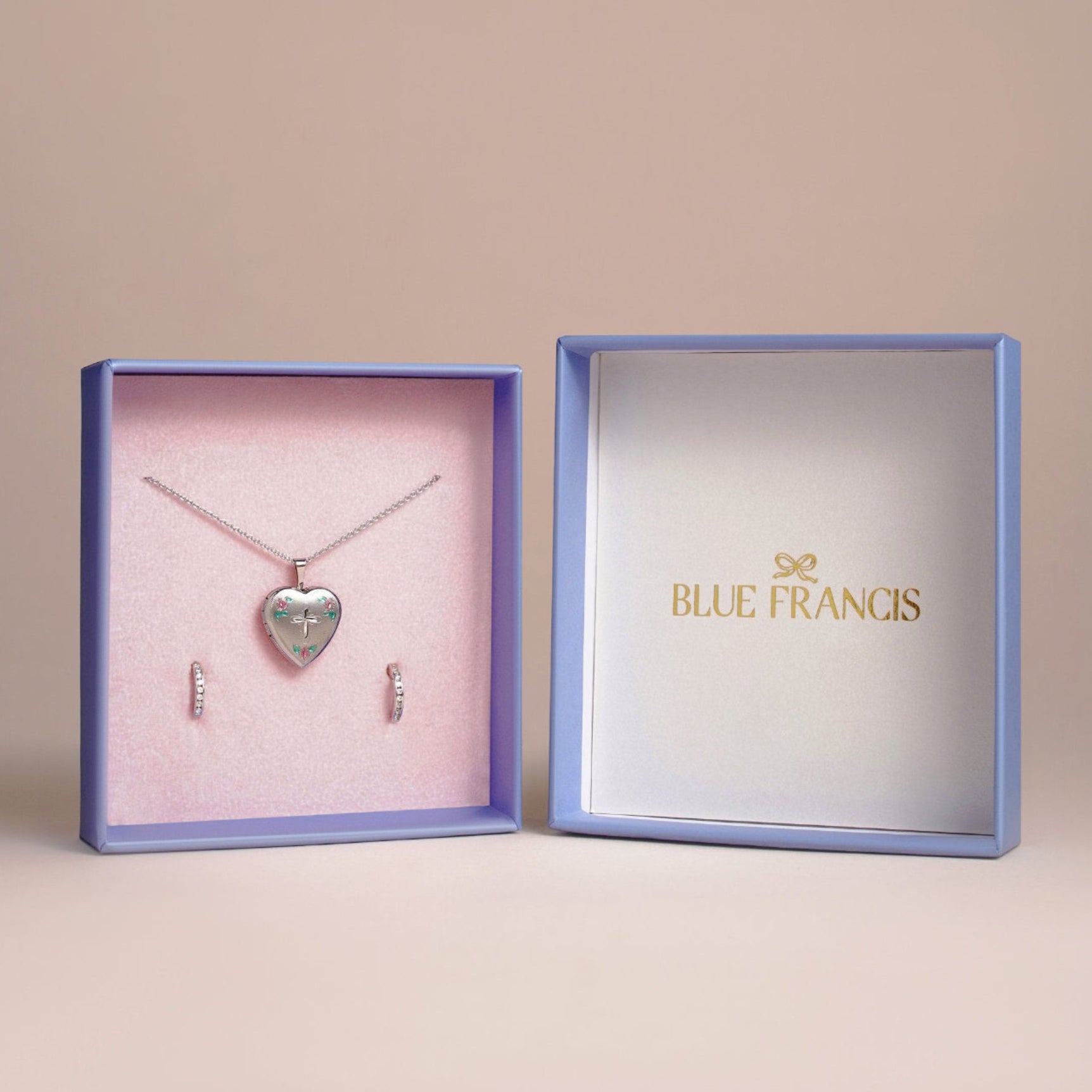 Blue Francis Blue Blessing Gift Set in a gift box: heart locket necklace and kids hoop earrings