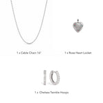 Blue Blessing Gift Set contents: Rose Heart Locket, 16-inch cable chain and Chelsea Twinkle Hoops
