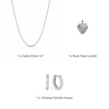Blue Blessing Gift Set contents: Rose Heart Locket, 16-inch cable chain and Chelsea Twinkle Hoops