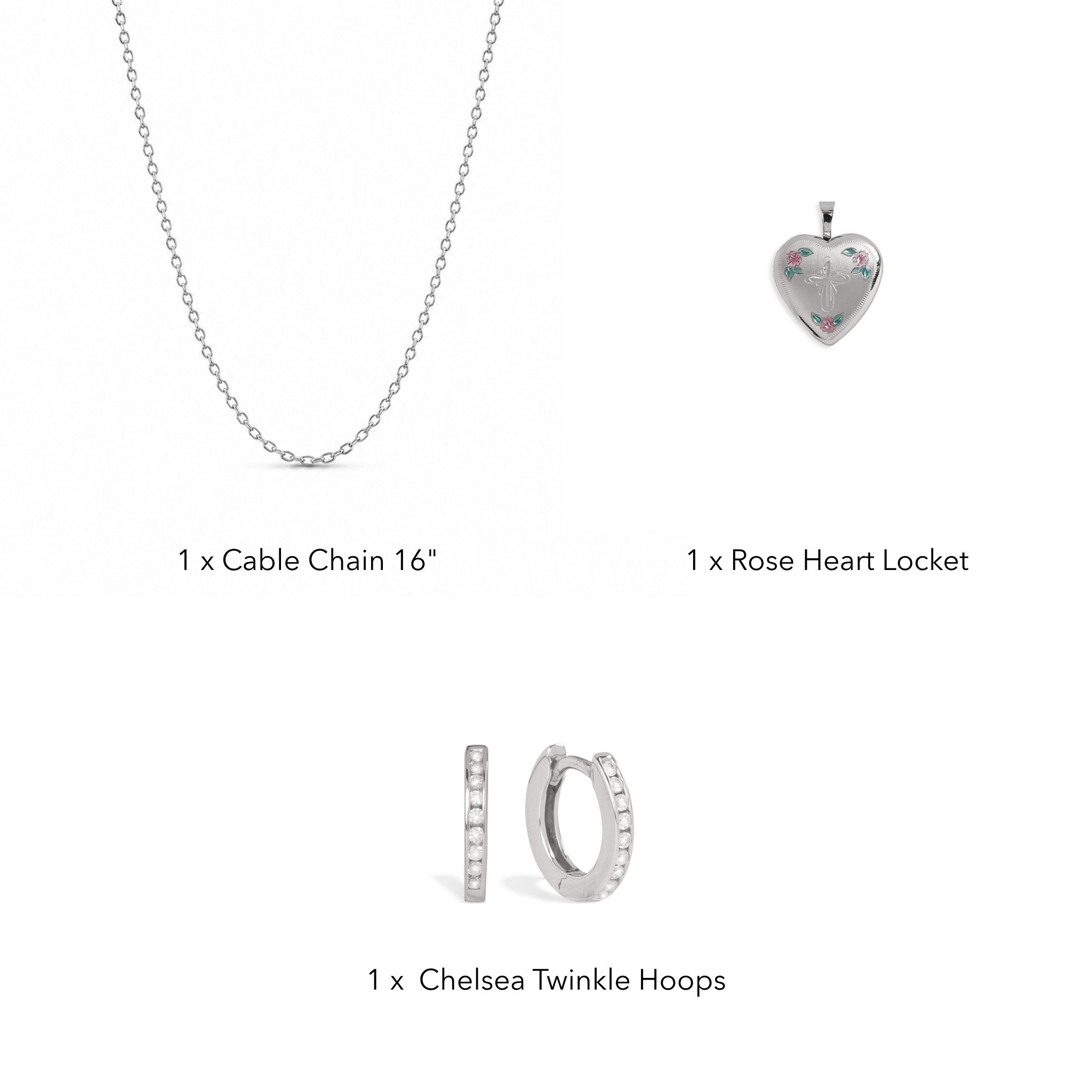 Blue Blessing Gift Set contents: Rose Heart Locket, 16-inch cable chain and Chelsea Twinkle Hoops