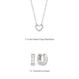 Liam Heart Set contents: Liam Heart Clasp Necklace and Gramercy Hoops