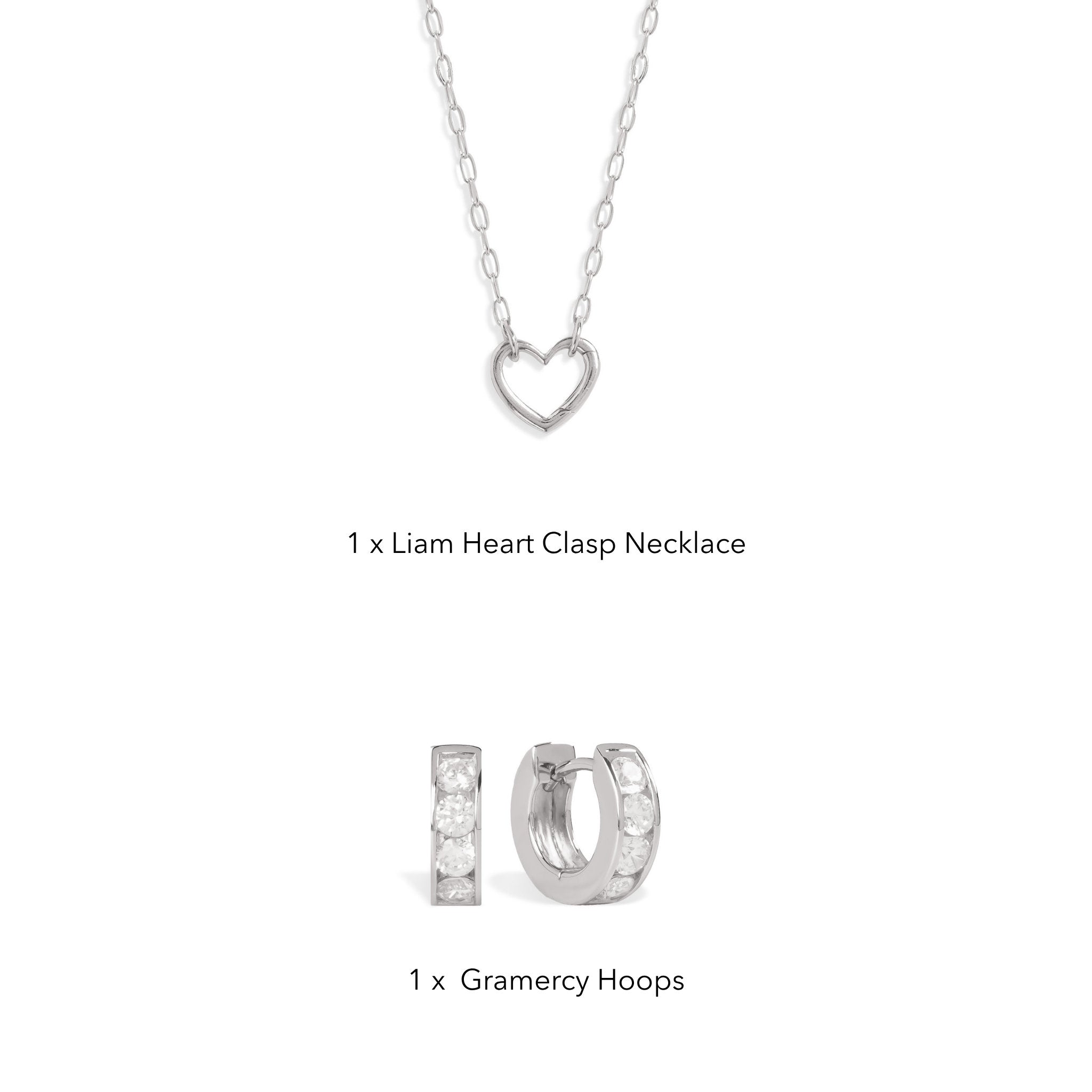 Liam Heart Set contents: Liam Heart Clasp Necklace and Gramercy Hoops
