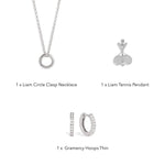 Liam Tennis Set contents: Liam Circle Clasp Necklace, Liam Tennis Pendant and Gramercy Hoops Thin