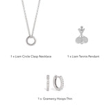 Liam Tennis Set contents: Liam Circle Clasp Necklace, Liam Tennis Pendant and Gramercy Hoops Thin