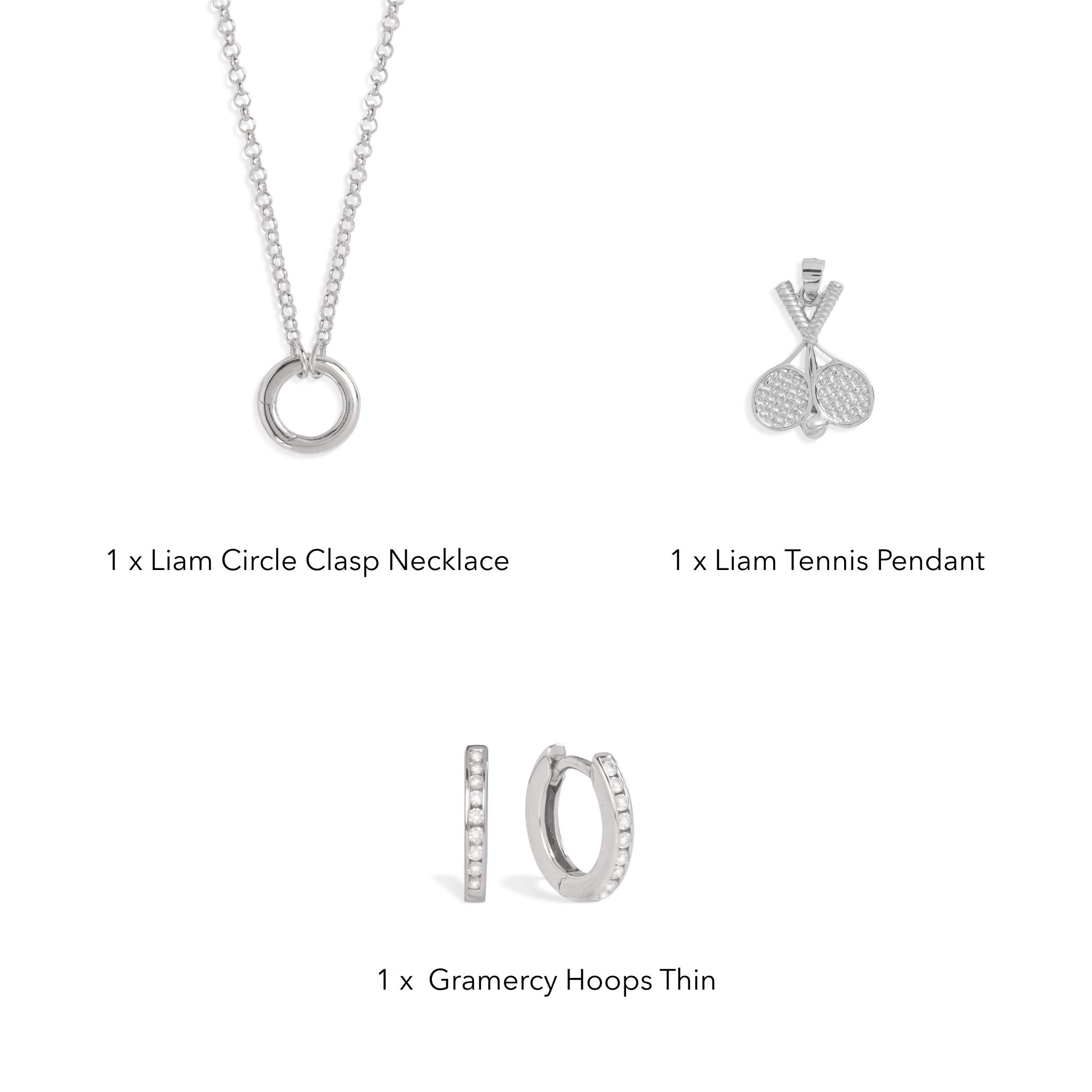 Liam Tennis Set contents: Liam Circle Clasp Necklace, Liam Tennis Pendant and Gramercy Hoops Thin