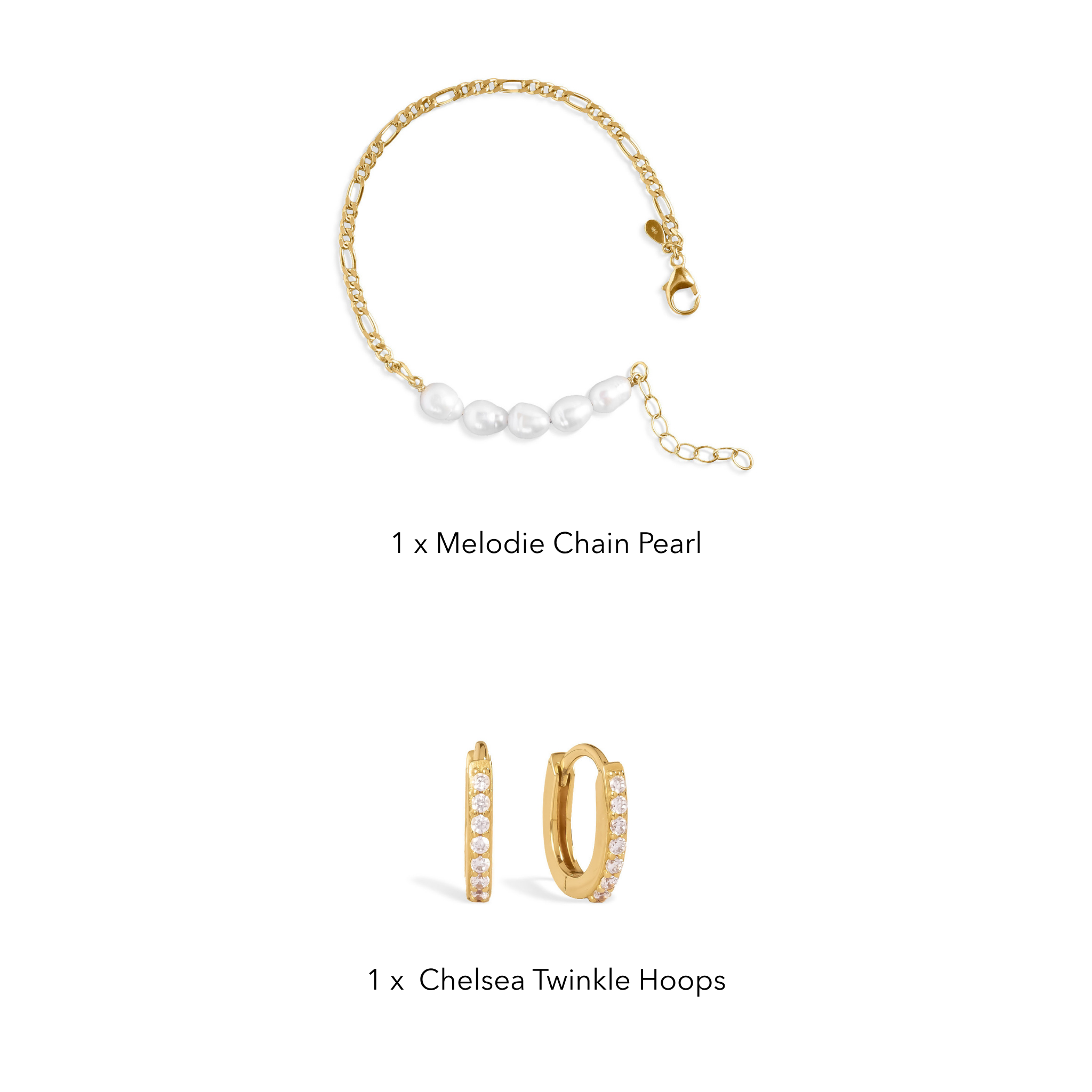 Melodie Pearl Set contents: Melodie Chain Pearl bracelet and Chelsea Twinkle Hoops