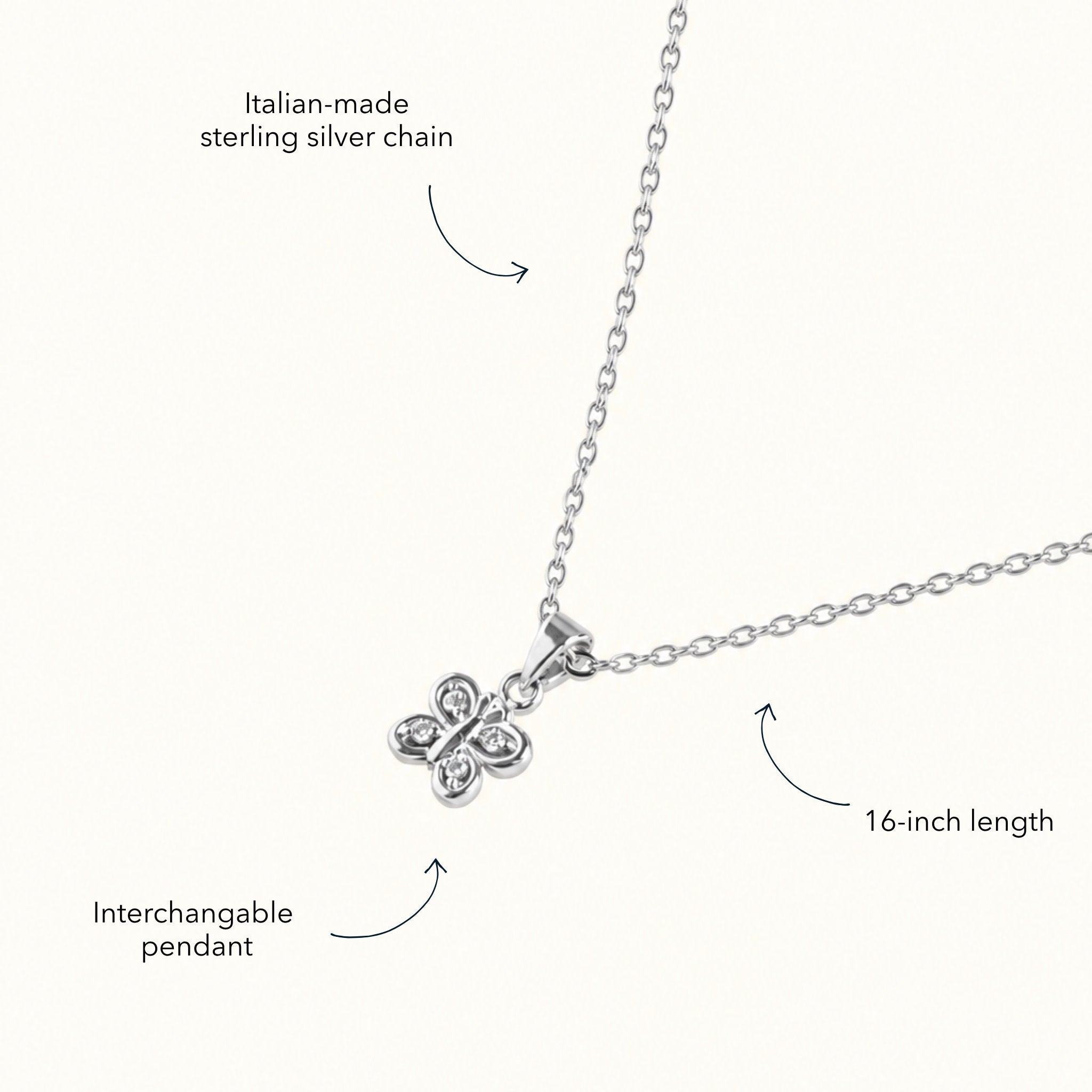 Blue Francis Brooklyn Butterfly sterling silver necklace with interchangeable pendant and 16-inch Italian-made chain.
