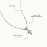 Blue Francis Brooklyn Cross sterling silver necklace with interchangeable heart-detail pendant and 16-inch Italian-made chain.