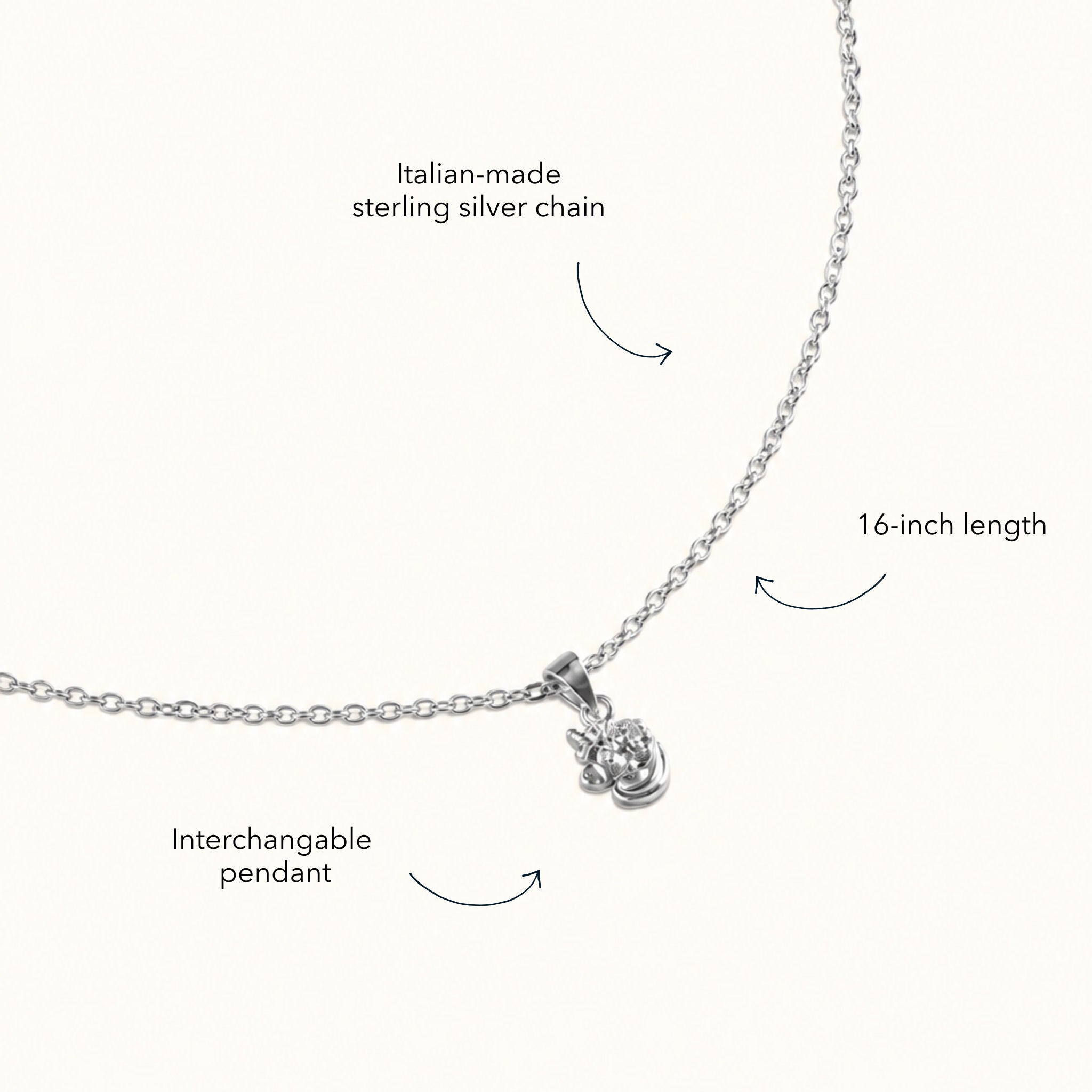Blue Francis Brooklyn Unicorn sterling silver necklace with interchangeable pendant and 16-inch Italian-made chain.