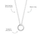 Blue Francis Liam Circle Clasp Necklace details: sterling silver chain, made in Italy, circle clasp to add charms
