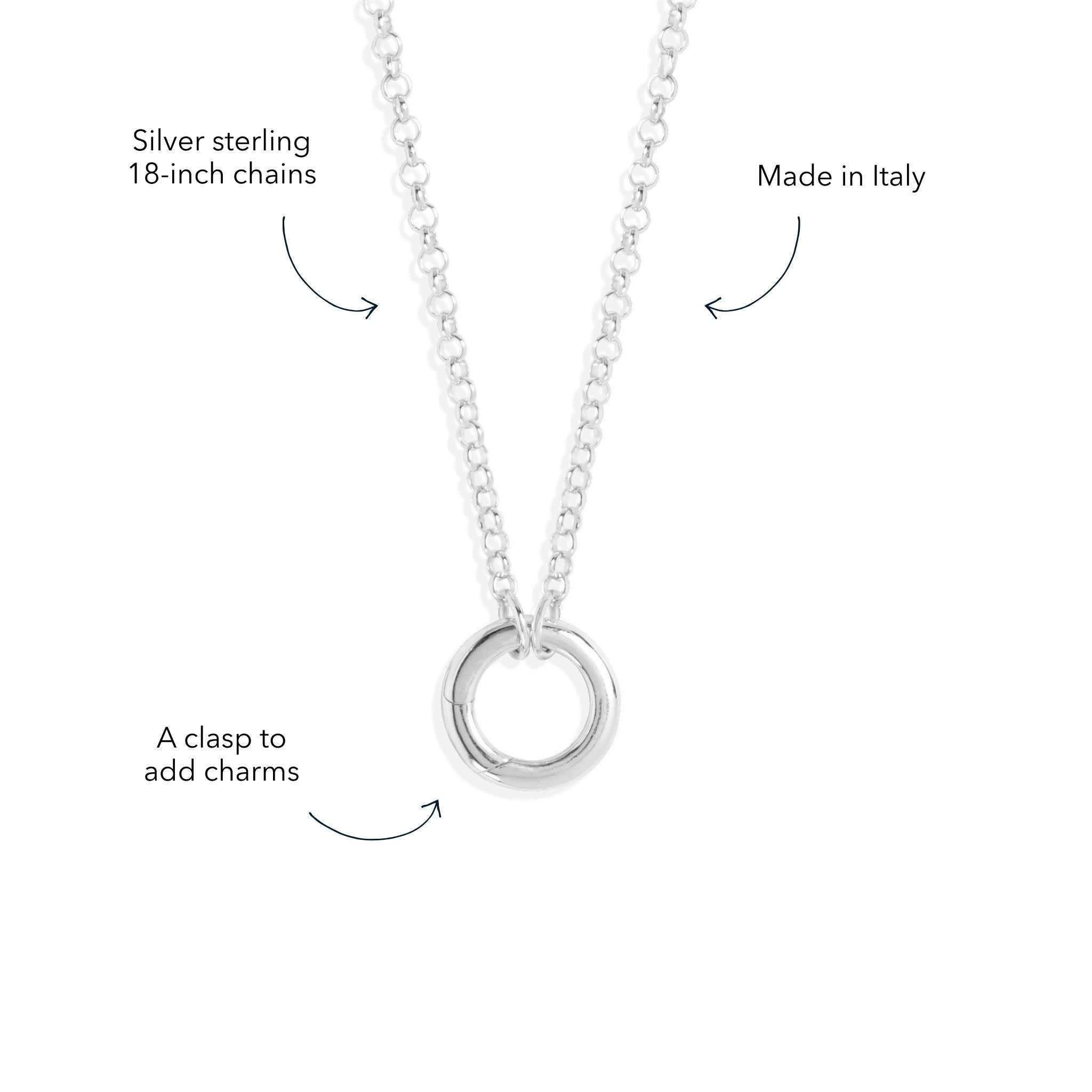 Blue Francis Liam Circle Clasp Necklace details: sterling silver chain, made in Italy, circle clasp to add charms