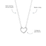 Blue Francis Liam Heart Clasp Necklace details: sterling silver paperclip chain, made in Italy, heart clasp to add charms