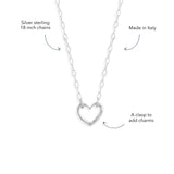 Blue Francis Liam Heart Clasp Necklace details: sterling silver paperclip chain, made in Italy, heart clasp to add charms