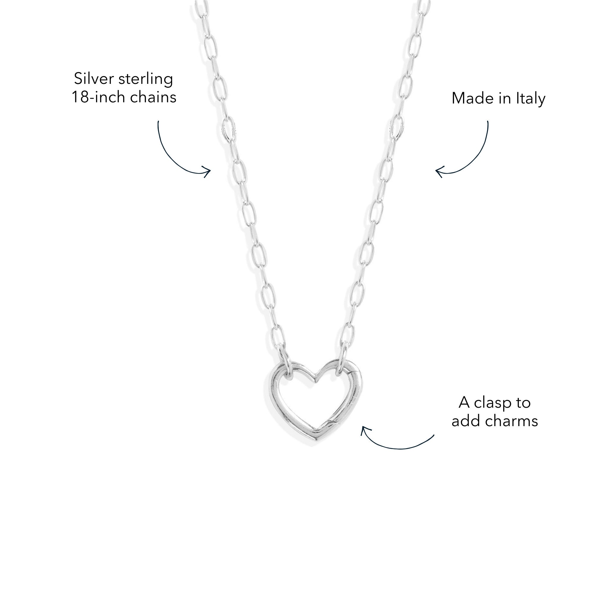 Blue Francis Liam Heart Clasp Necklace details: sterling silver paperclip chain, made in Italy, heart clasp to add charms