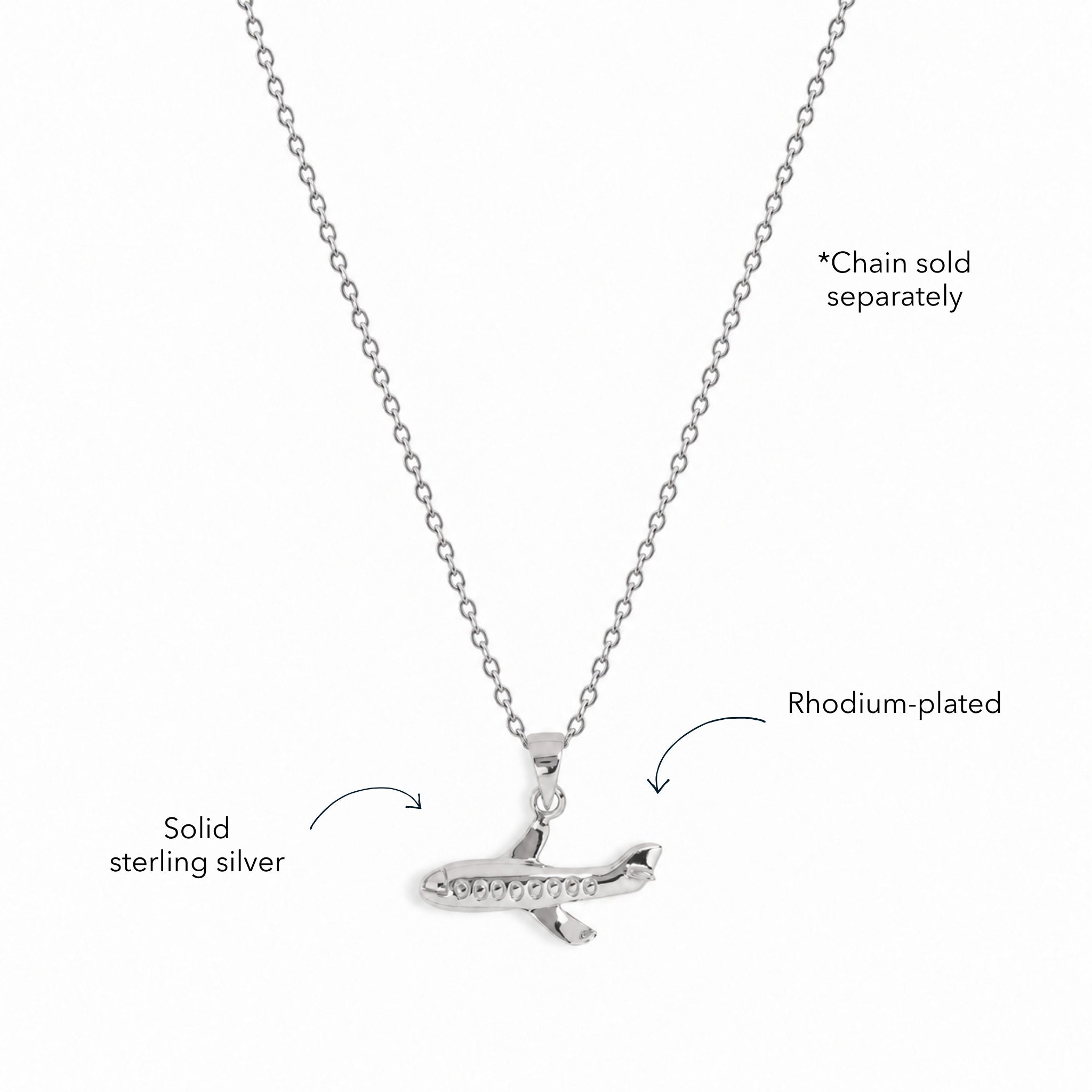 Blue Francis Liam Plane Pendant in rhodium-plated sterling silver with detailed airplane windows and wings; chain sold separately.