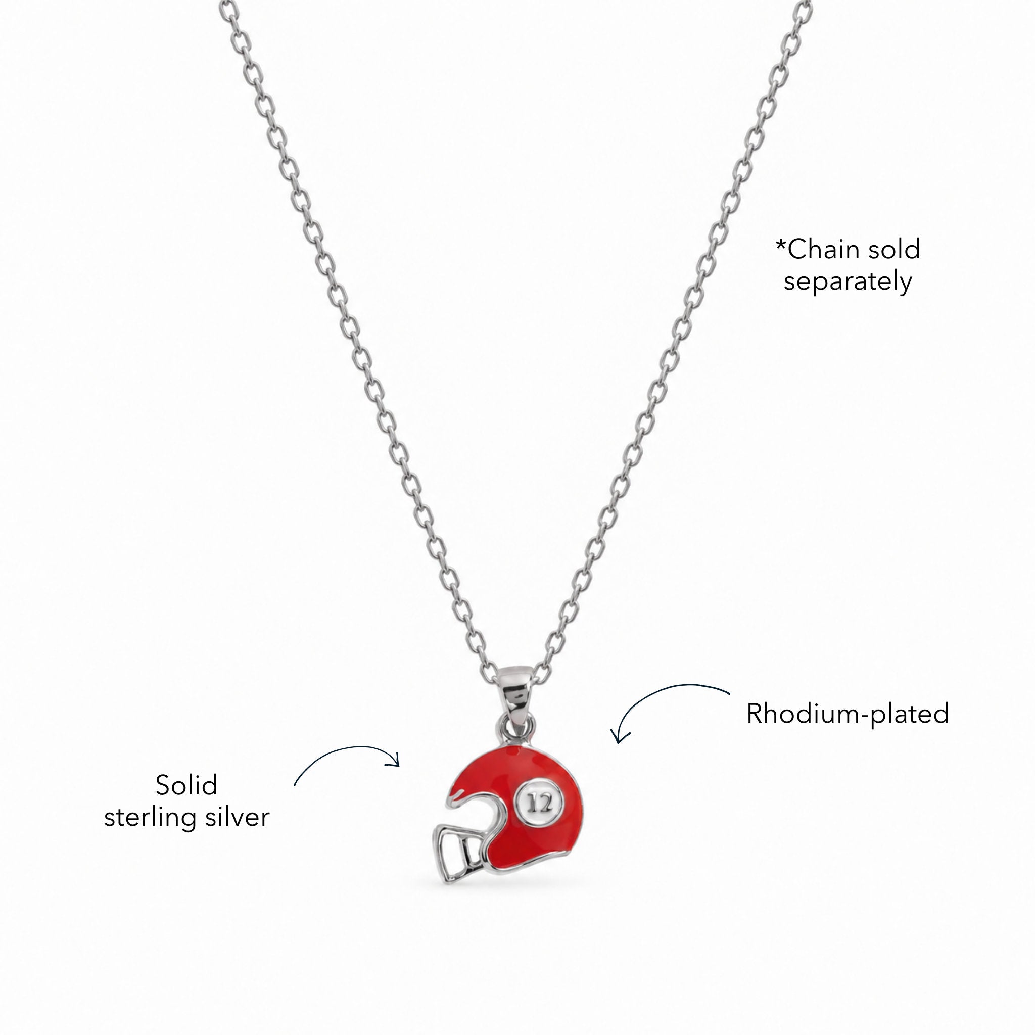 Blue Francis Liam Rugby Pendant in rhodium-plated sterling silver, shaped as a red helmet with number 12; chain sold separately.