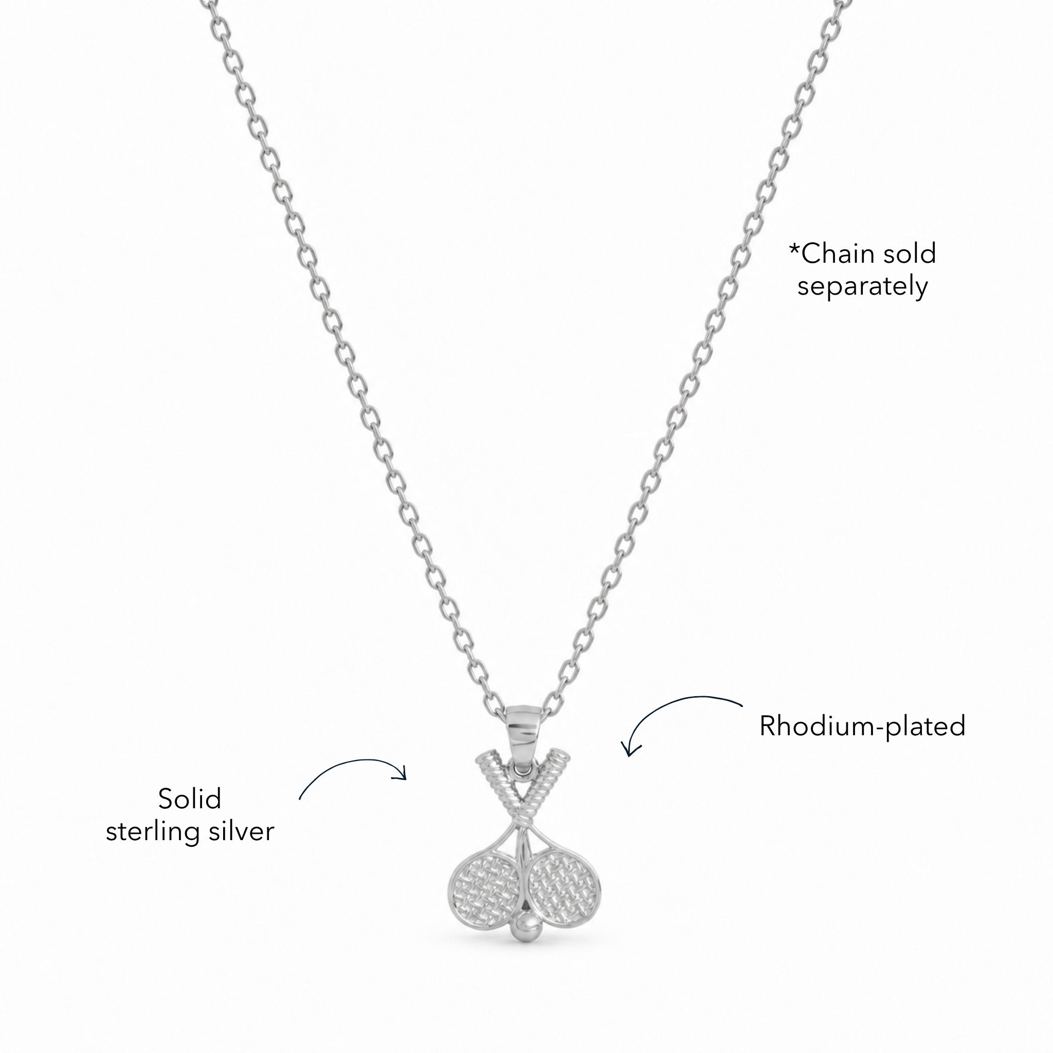 Blue Francis Liam Tennis Pendant in rhodium-plated sterling silver with crossed rackets and a ball; chain sold separately.