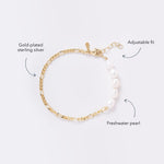 Melodie Pearl Bracelet details: gold-plated sterling silver figaro chain, freshwater pearls, adjustable fit