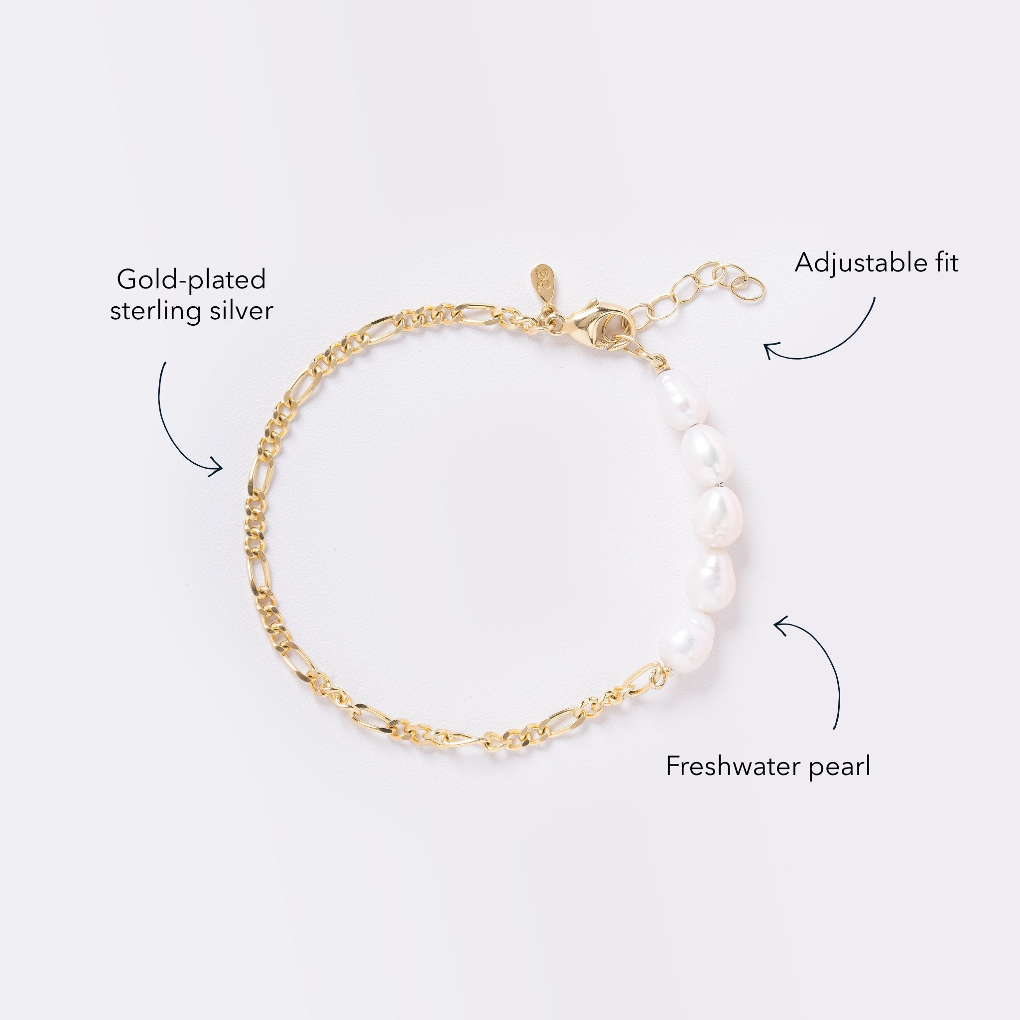 Melodie Pearl Bracelet details: gold-plated sterling silver figaro chain, freshwater pearls, adjustable fit