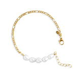 Melodie Pearl Bracelet for girls with five baroque freshwater pearls, gold figaro chain, lobster clasp and extender