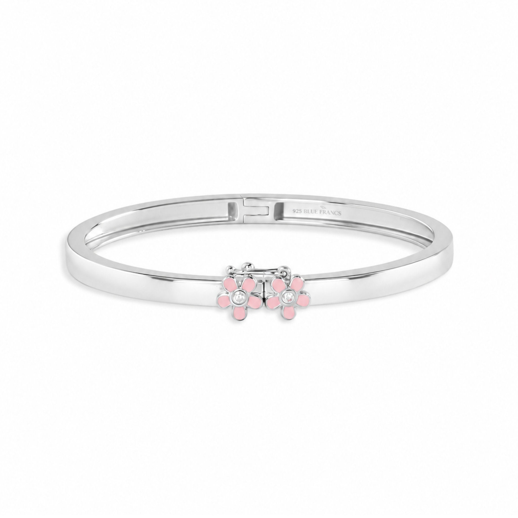 Blue Francis Melodie Pink Fleur Bangle, a sterling silver hinged bangle with pink enamel flowers