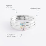 Blue Francis Melodie Fleur Bangle details: solid sterling silver, enamel flowers with CZ stones, safety clasp