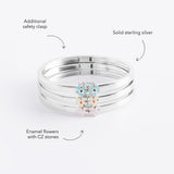 Blue Francis Melodie Fleur Bangle details: solid sterling silver, enamel flowers with CZ stones, safety clasp