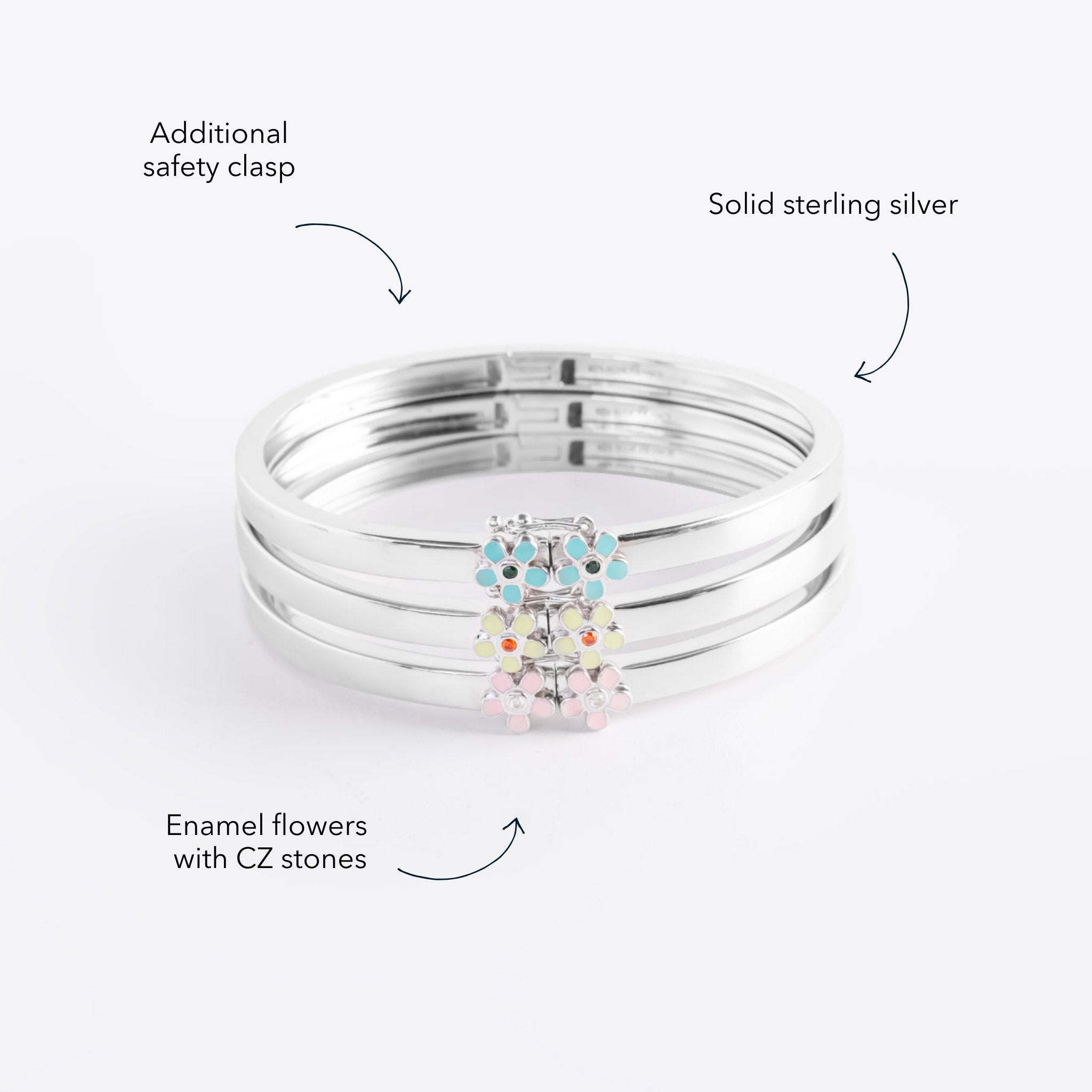 Blue Francis Melodie Fleur Bangle details: solid sterling silver, enamel flowers with CZ stones, safety clasp