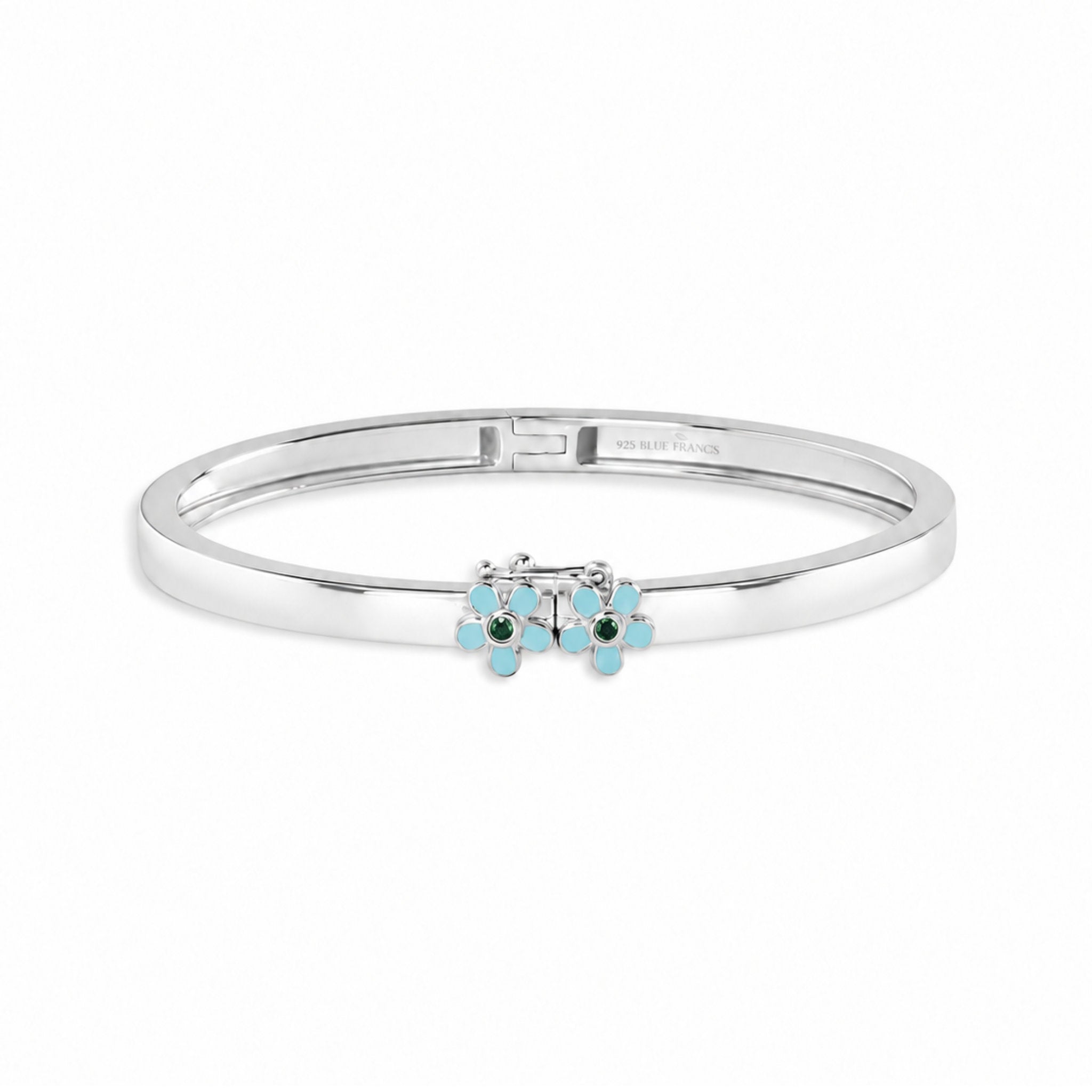 Blue Francis Melodie Fleur Bangle details: solid sterling silver, enamel flowers with CZ stones, safety clasp