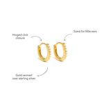 Blue Francis Chelsea Twinkle Hoops details: hinged click closure, gold vermeil over sterling silver, kid-sized huggies
