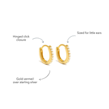 Blue Francis Chelsea Twinkle Hoops details: hinged click closure, gold vermeil over sterling silver, kid-sized huggies