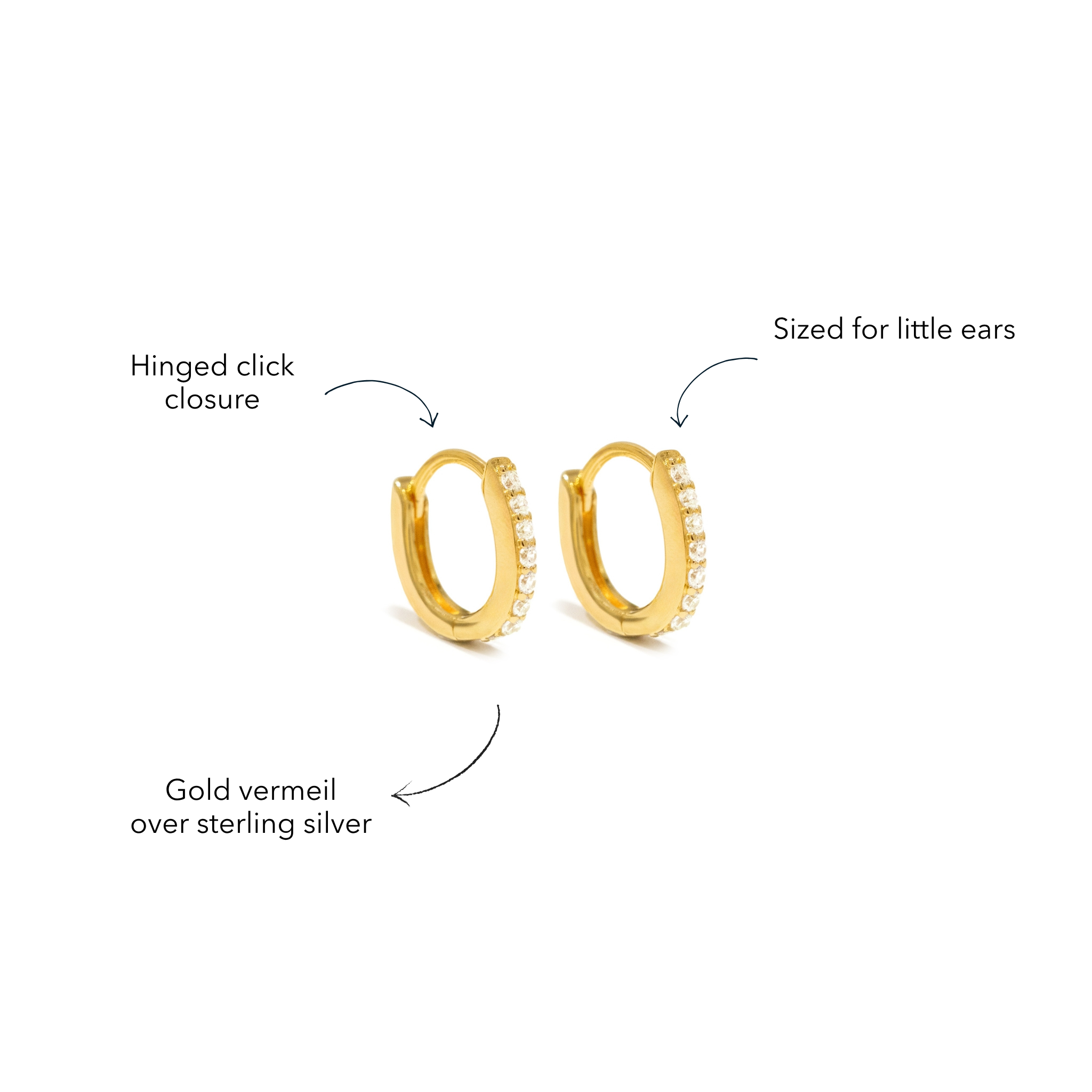 Blue Francis Chelsea Twinkle Hoops details: hinged click closure, gold vermeil over sterling silver, kid-sized huggies