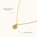 Blue Francis Cross Twinkle Necklace in 18K gold vermeil over sterling silver, with a round cross pendant and cubic zirconia halo.
