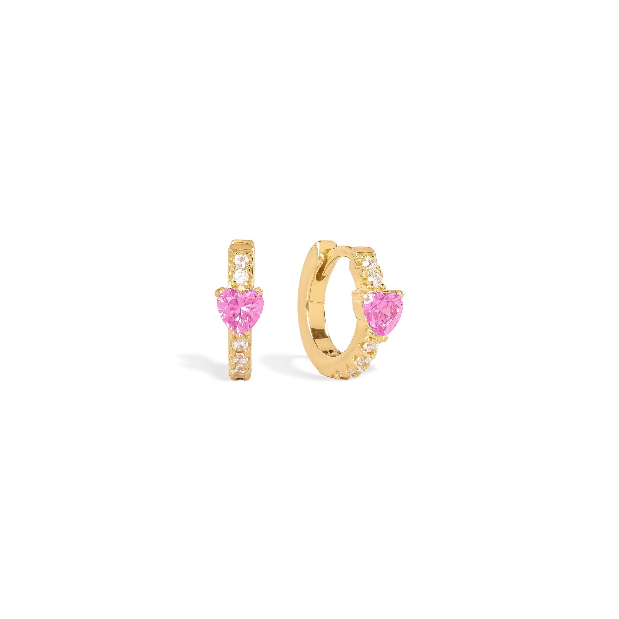 Blue Francis Chelsea Twinkle Heart, gold vermeil huggie earrings for girls with a pink heart cubic zirconia