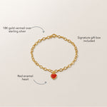 Blue Francis Red Central Heart Bracelet in 18K gold vermeil over sterling silver, with oval chain links and a red enamel heart.