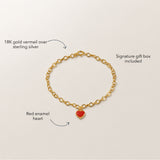 Blue Francis Red Central Heart Bracelet in 18K gold vermeil over sterling silver, with oval chain links and a red enamel heart.