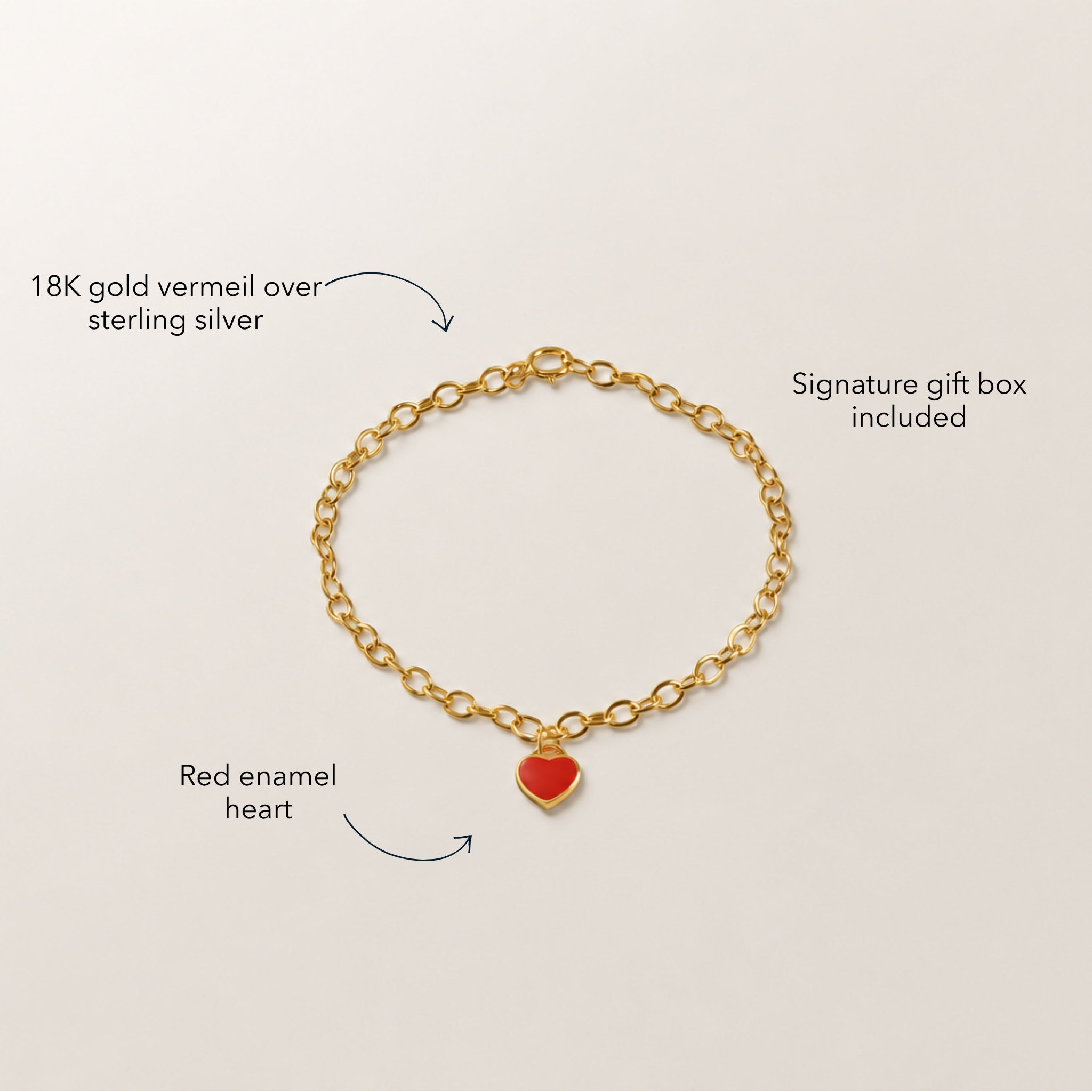 Blue Francis Red Central Heart Bracelet in 18K gold vermeil over sterling silver, with oval chain links and a red enamel heart.