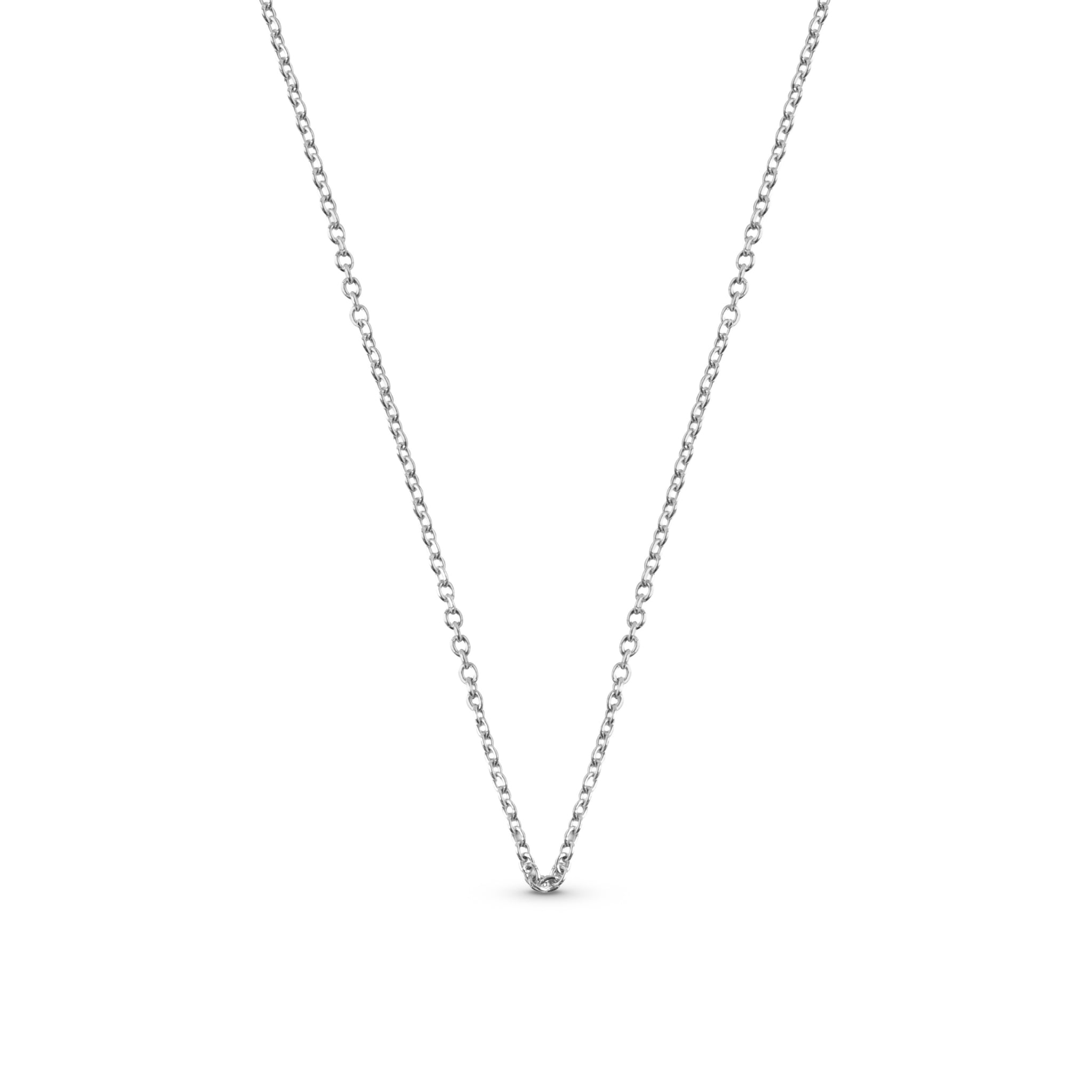 Blue Francis Silver Sterling Cable Chain 1mm size. Silver chain necklace on a white background.
