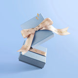 Two light blue gift boxes with beige ribbons on a light blue background for Brooklyn Cross Necklace from Blue Francis