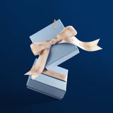 Blue Francis blue gift boxes with beige ribbons on a light blue background for Ruby Liberty Necklace