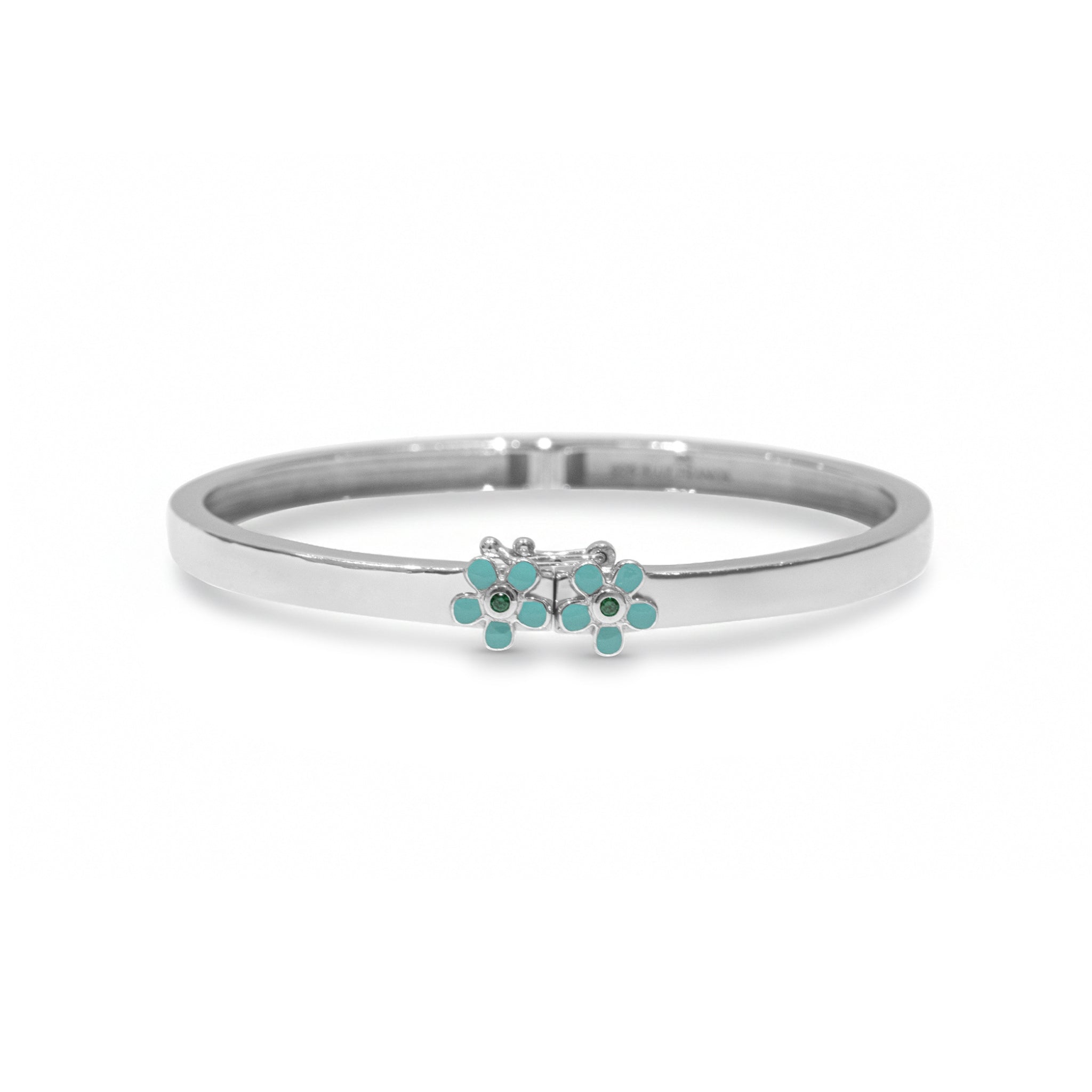 Blue Francis Sterling Silver bangle bracelet with turquoise flower-shaped charms on a white background