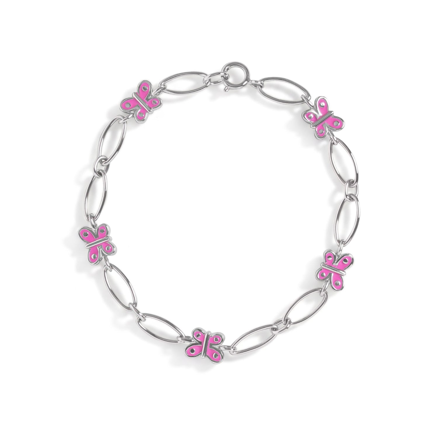 Brooklyn Butterfly Bracelet - a solid sterling silver bracelet with pink enamel, shown flat on white background.