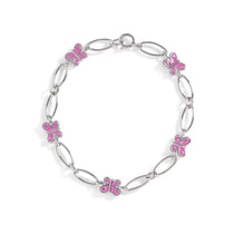 Brooklyn Butterfly Bracelet - a solid sterling silver bracelet with pink enamel, shown flat on white background.