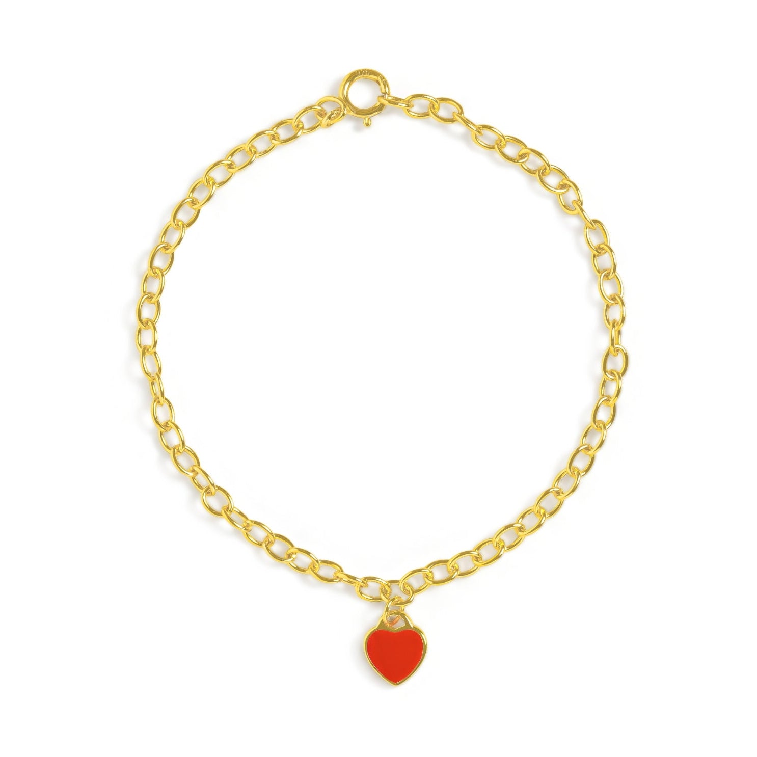 Blue Francis - Red Central Heart Bracelet - Gold vermeil bracelet with a red enamel heart charm on a white background