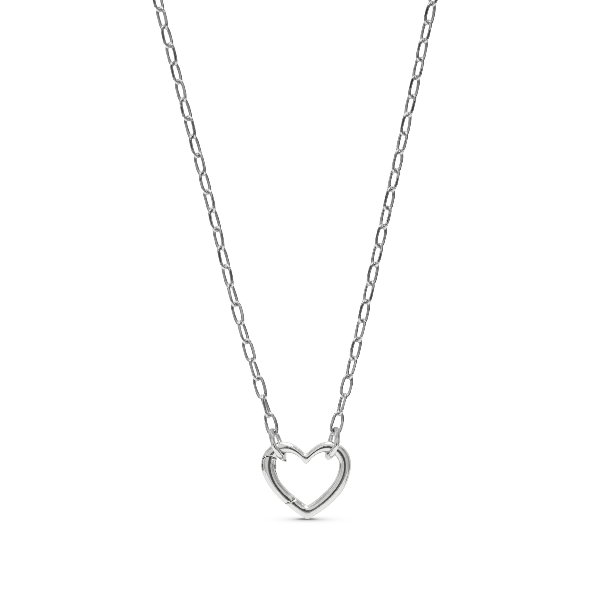 Blue Francis Liam Heart Clasp Necklace, a silver heart charm holder necklace on an 18-inch paperclip chain