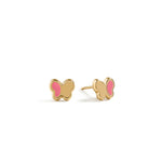 Blue Francis - Pink Hudson Butterfly Studs - Gold 14K butterfly earrings with pink enamel on a white background
