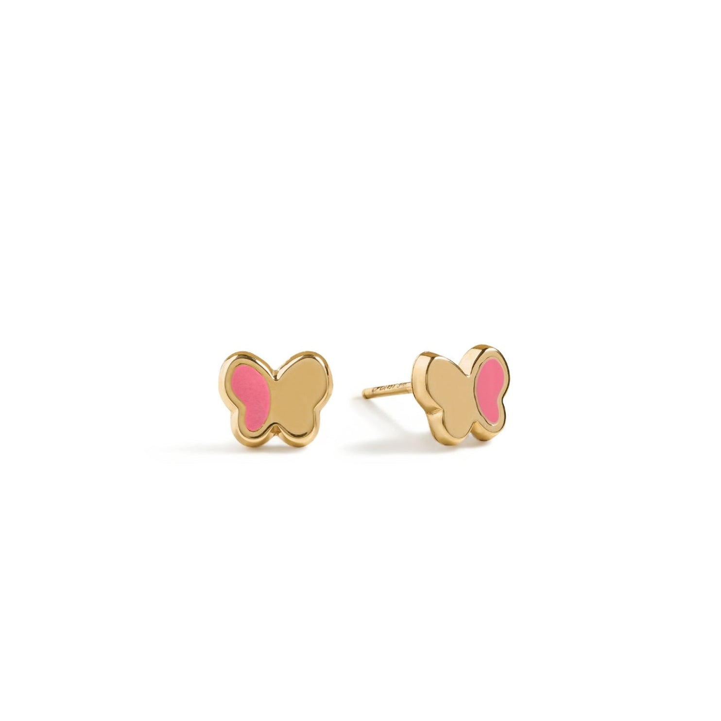 Blue Francis - Pink Hudson Butterfly Studs - Gold 14K butterfly earrings with pink enamel on a white background